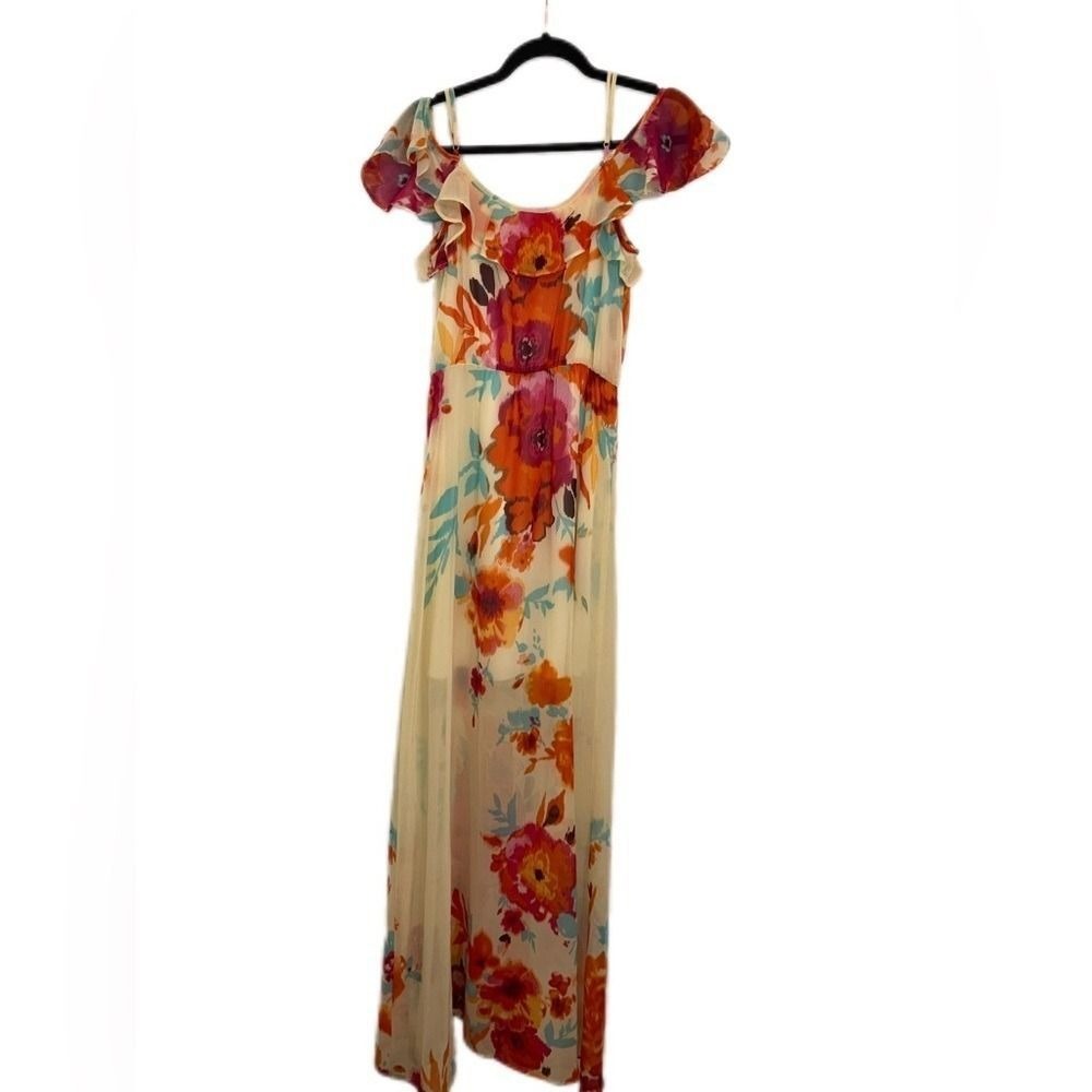 Bisou Bisou Floral Chiffon Cream And Multi Color Off‎ Shoulder Maxi Dress Size 4